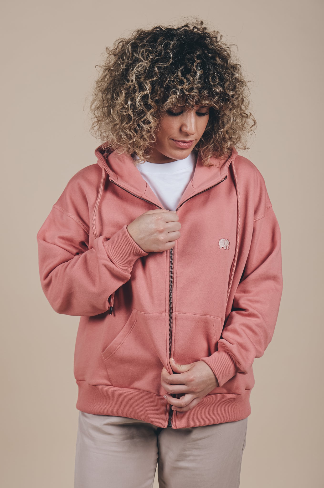 Sudadera Capucha Cremallera Mujer Oversized Orgánica Esencial Rossette Pink