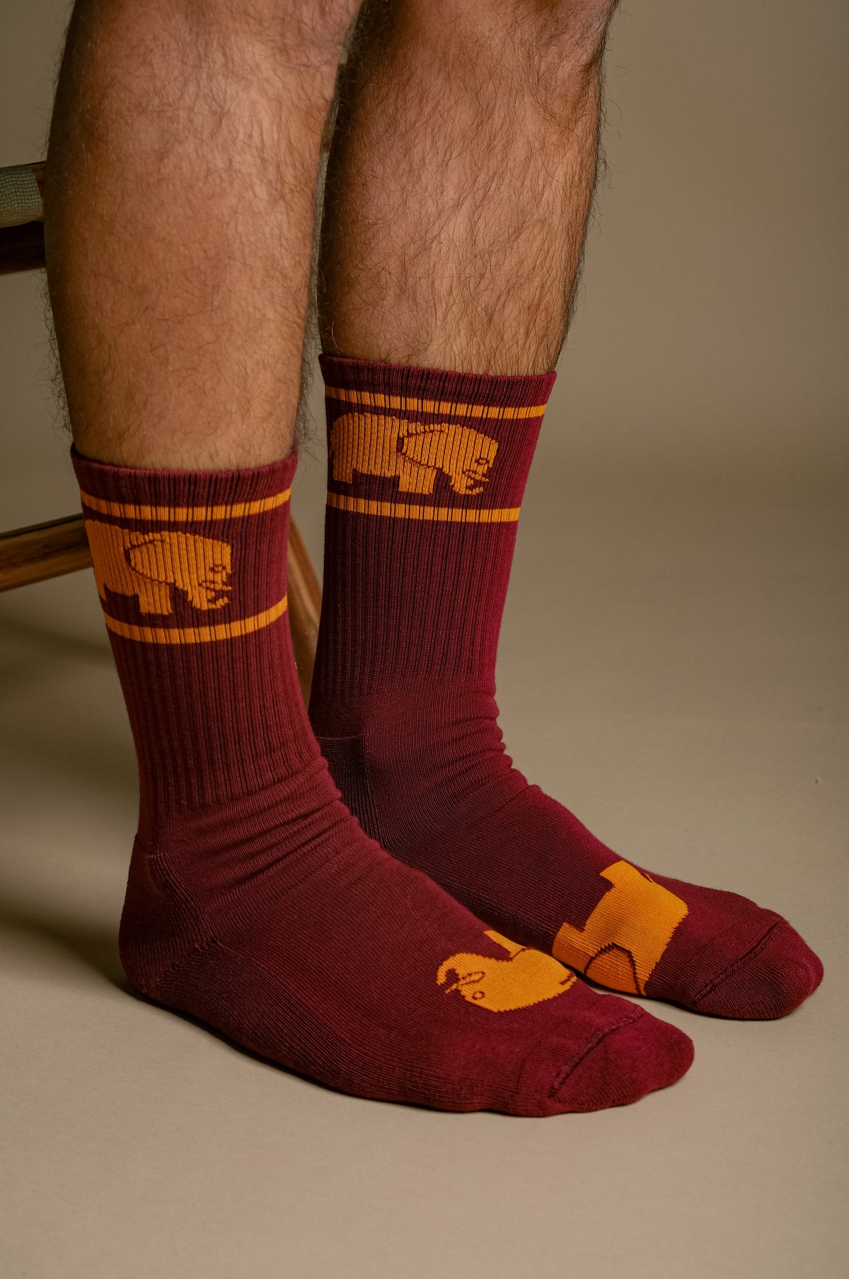 Persona che indossa calze sportive in cotone organico bordeaux con un motivo animale giocoso | TP_IMAGE_TYPE=MODEL_FRONT