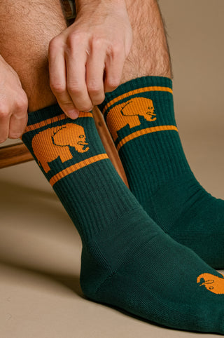 Persona che indossa calze sportive in cotone biologico verde con disegno di elefante | TP_IMAGE_TYPE=MODEL_FRONT
