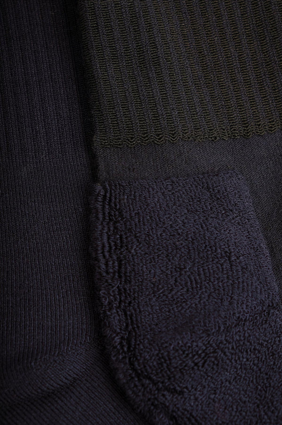 Détail en gros plan des Navy Bamboo Athletic Socks, mettant en valeur la texture et le tissu | TP_IMAGE_TYPE=DETAIL