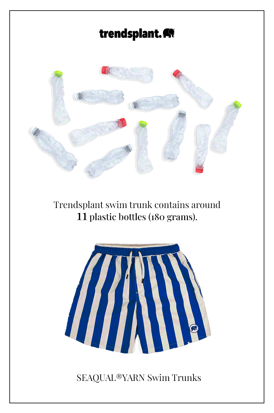 Graphique animé montrant les maillots de bain Trendsplant changer de couleur aux côtés de 11 bouteilles en plastique (180 grammes)