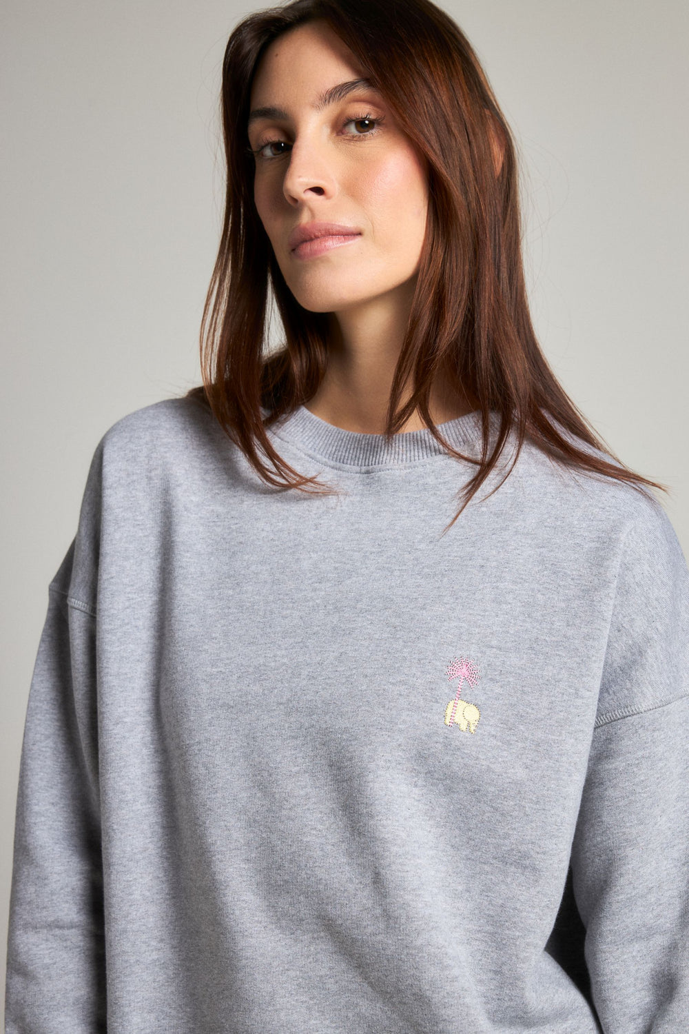 Persona che indossa una felpa oversize Sport Grey con design ricamato | TP_IMAGE_TYPE=MODEL_FRONT