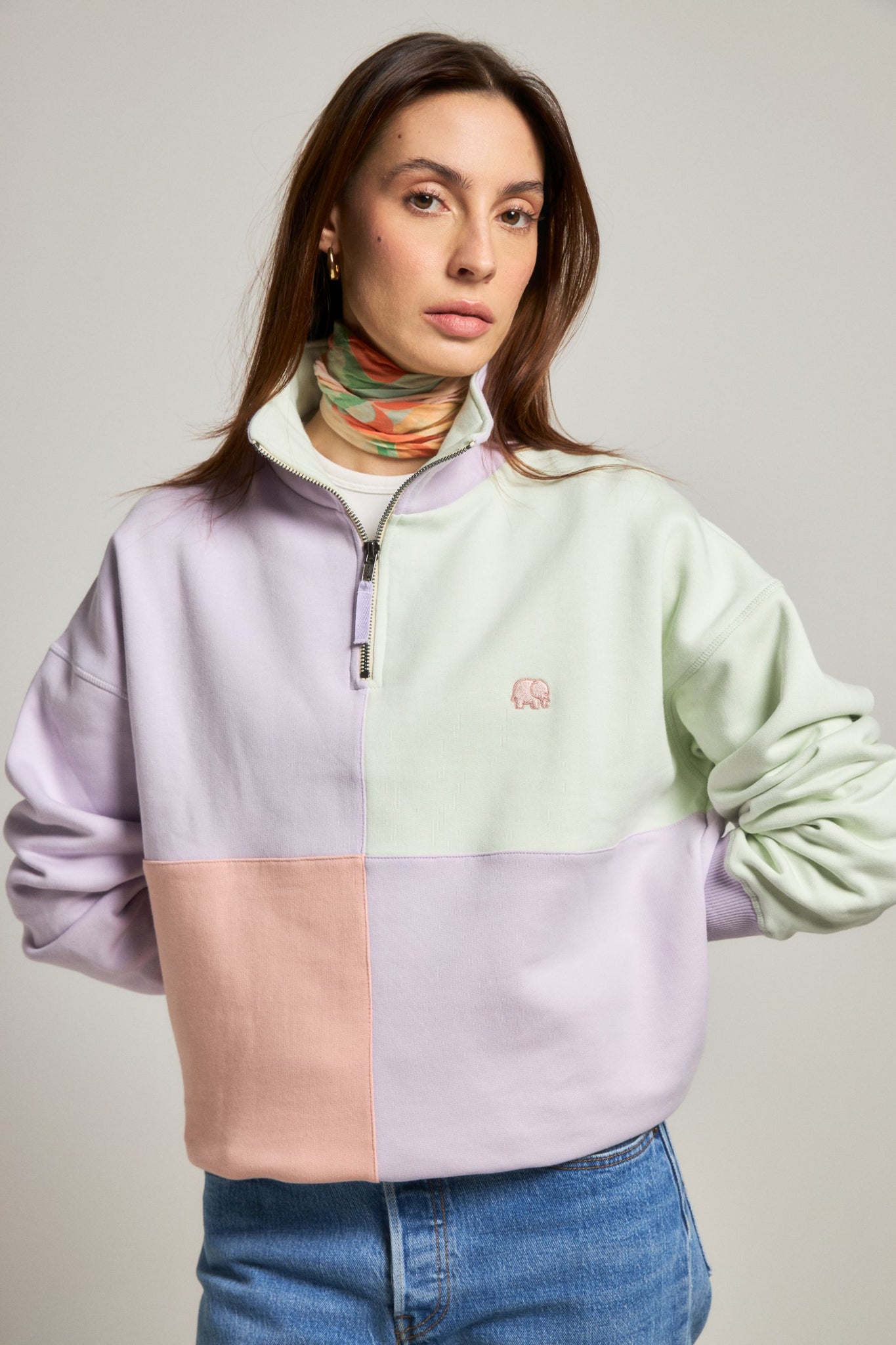 Women's Oversized Color Block Half Zip Sweater Lavender