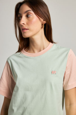 Persona che indossa una Women's Color Block T-Shirt in Mint Green con maniche rosa pastello, che mette in mostra un giocoso disegno di elefante ricamato | TP_IMAGE_TYPE=MODEL_FRONT