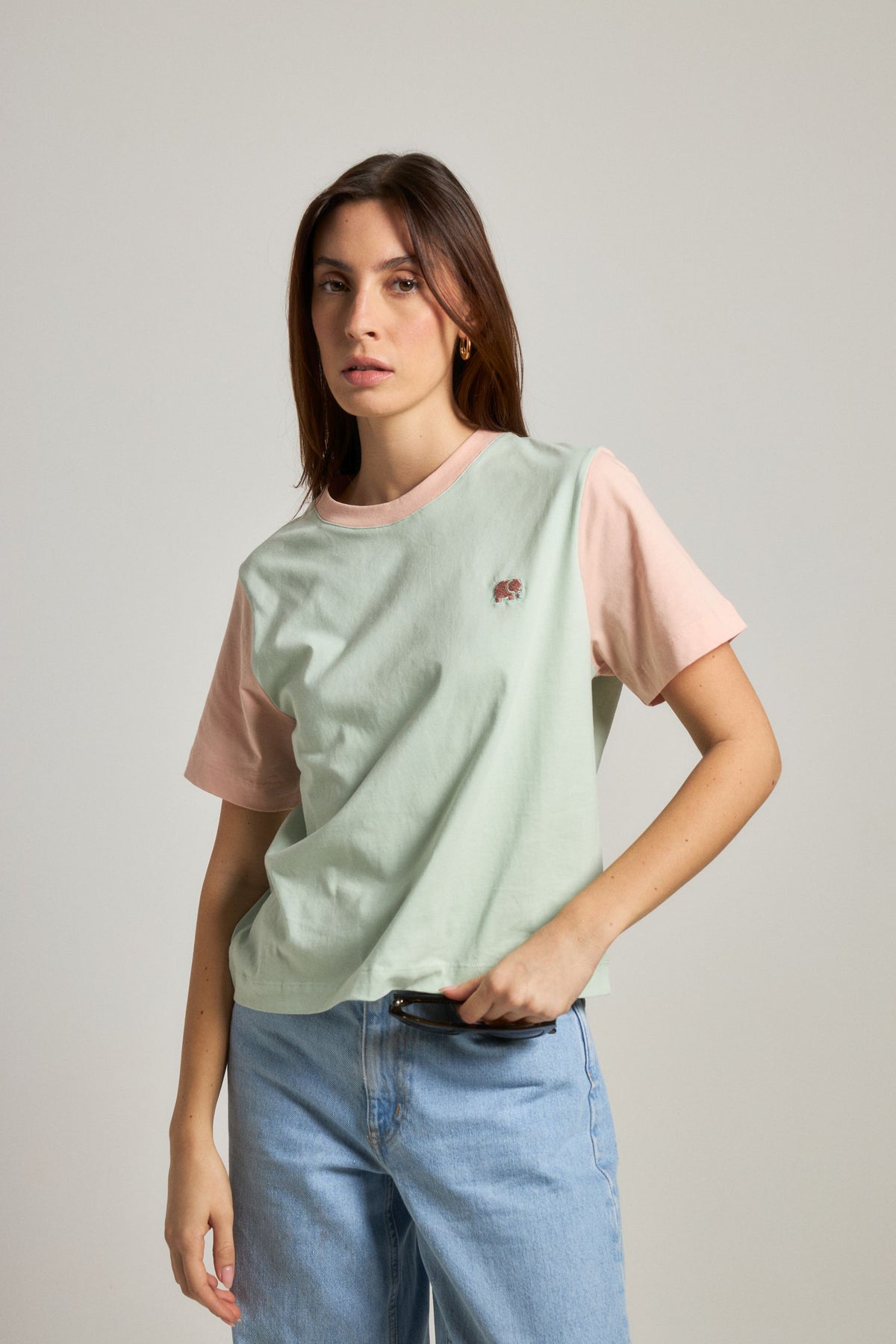 Persona che indossa una t-shirt Color Block verde menta con maniche rosa, vista frontale | TP_IMAGE_TYPE=MODEL_FRONT