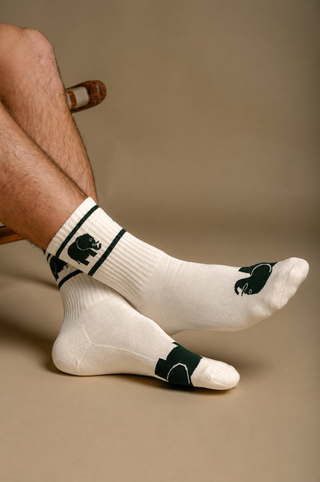Persona che indossa calzini Athletic Cotton Crew Socks color avorio con disegni verdi, seduta su una sedia | TP_IMAGE_TYPE=MODEL_FRONT
