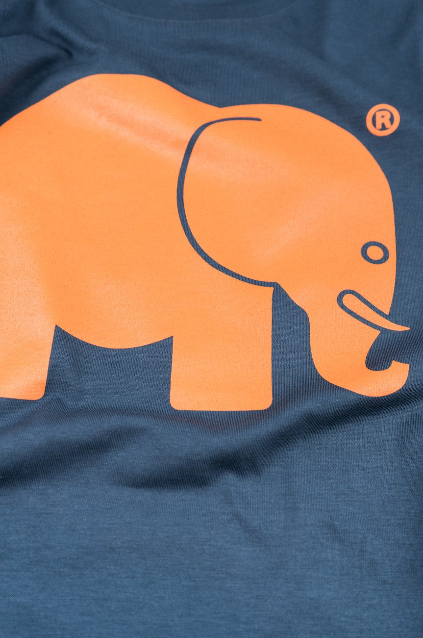 T-shirt classique bio pour enfant en bleu avec un graphique ludique d'éléphant orange sur le devant. | TP_IMAGE_TYPE=SILHOUETTE_FRONT