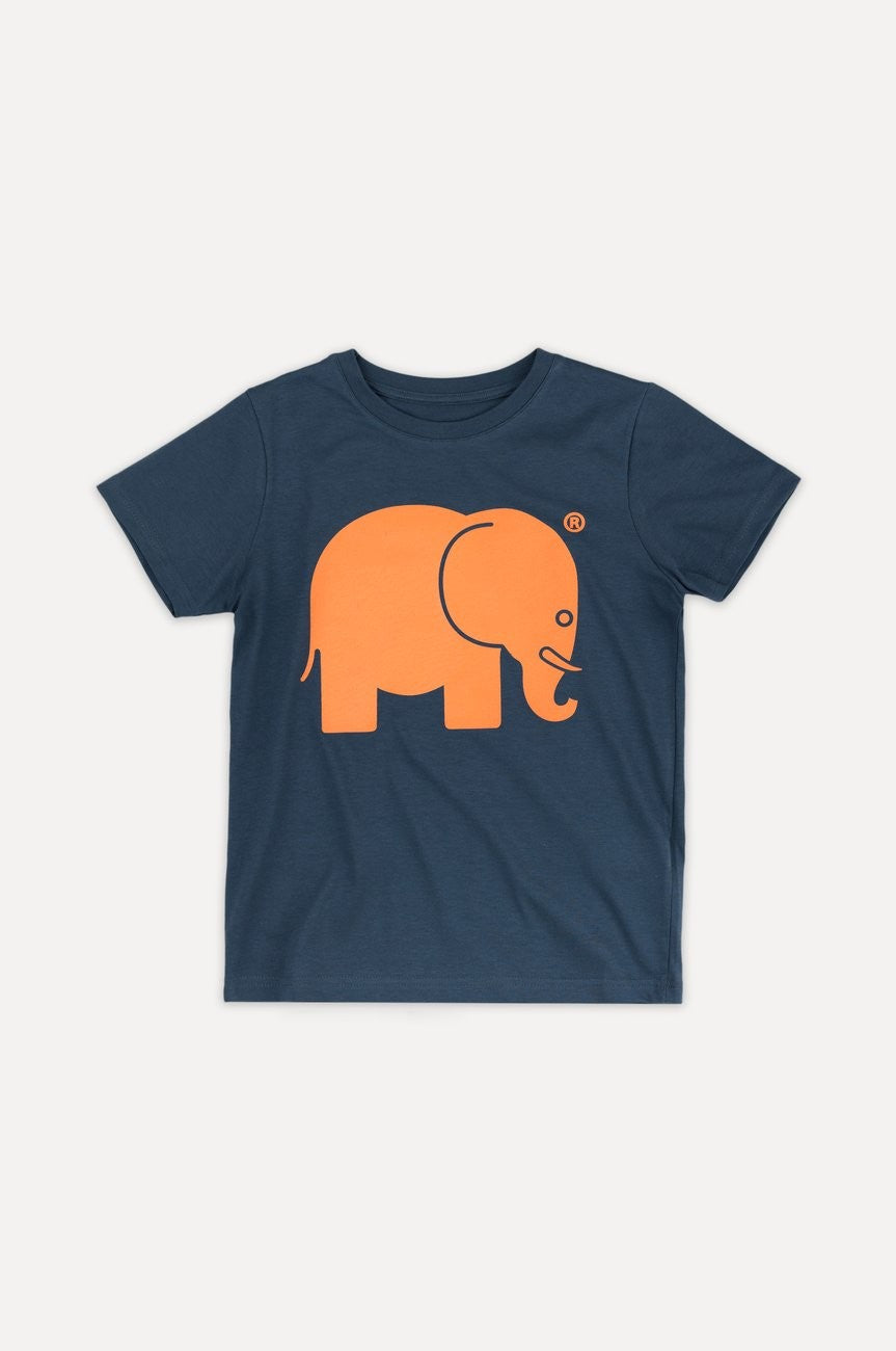 T-shirt classique bio pour enfant dans un bleu tendance avec un motif éléphant ludique. | TP_IMAGE_TYPE=SILHOUETTE_FRONT