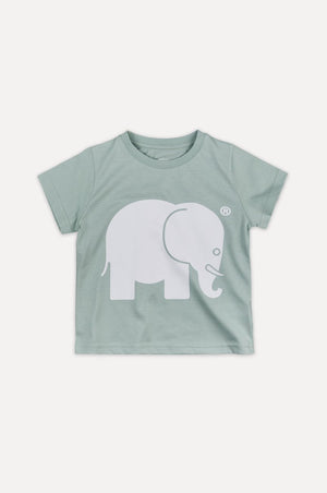 T-shirt classica biologica per bambino in verde menta con una grafica giocosa di un elefante sul davanti | TP_IMAGE_TYPE=SILHOUETTE_FRONT