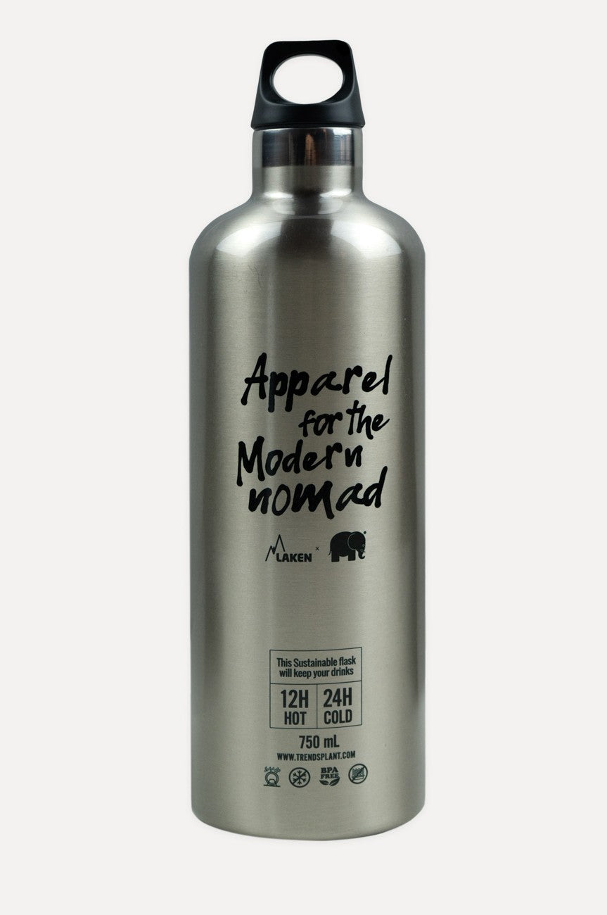 Borraccia termica argentata con il testo "Apparel for the Modern Nomad" | TP_IMAGE_TYPE=SILHOUETTE_FRONT