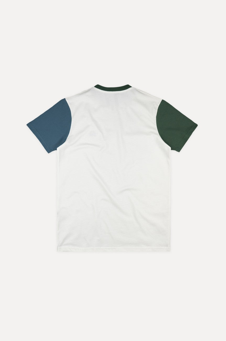 T-Shirt Organic Color Block con vista frontale naturale e una combinazione di maniche bianche, verde scuro e blu | TP_IMAGE_TYPE=SILHOUETTE_BACK