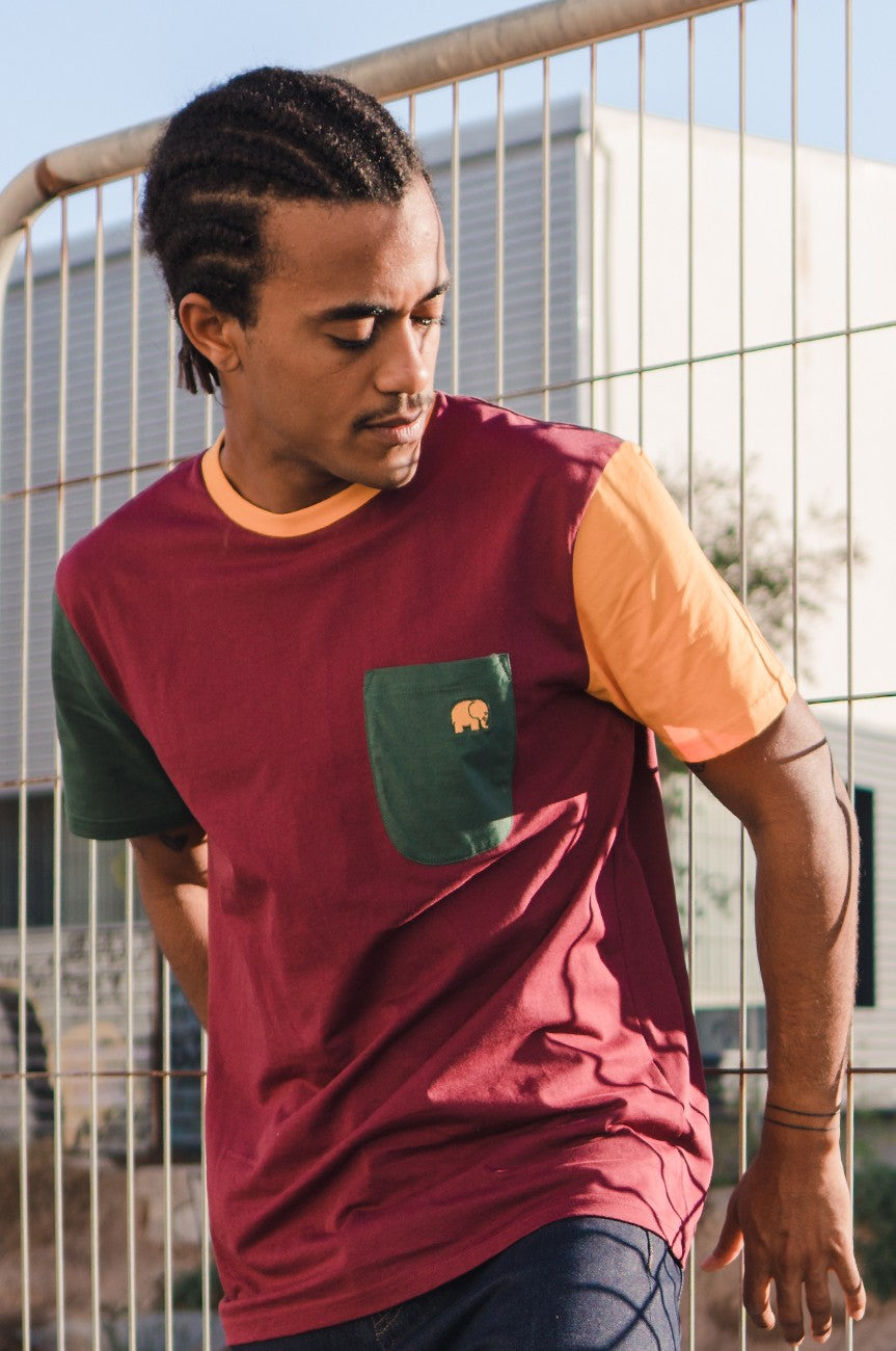 Organic Pocket Color Block T-Shirt Burgundy – Trendsplant