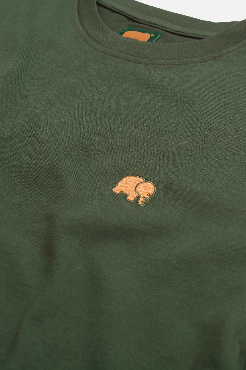 Silhouette front of Kombu Green Organic Essential T-Shirt featuring a small elephant logo | TP_IMAGE_TYPE=SILHOUETTE_FRONT